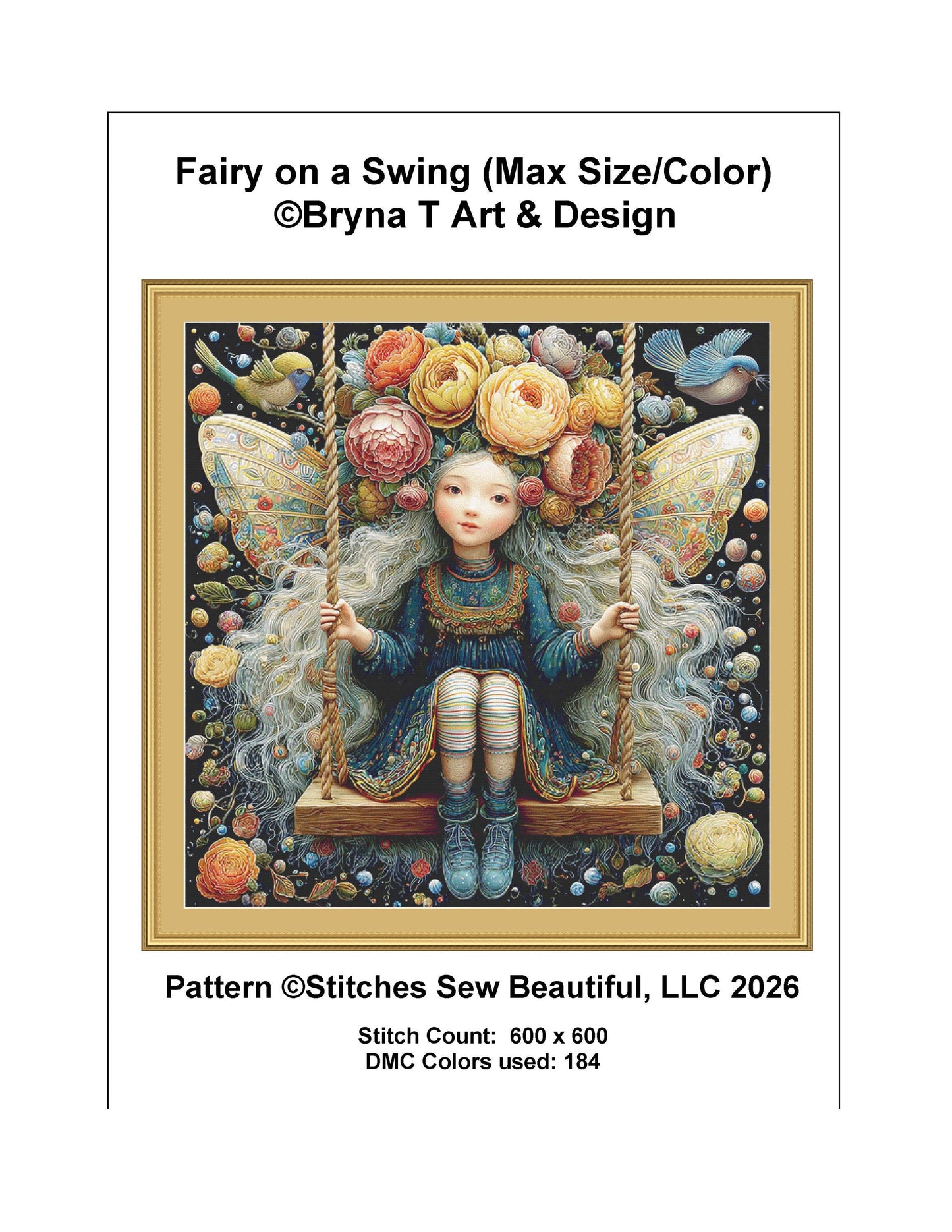 Fairy on a Swing (Max Size/Color) counted cross stitch pattern by Bryna T. Art & Design