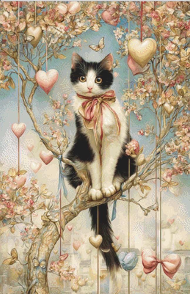 Cat on a Branch with Hearts counted cross stitch pattern by Bryna T. Art & Design