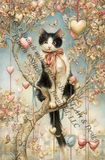 Cat on a Branch with Hearts counted cross stitch pattern by Bryna T. Art & Design