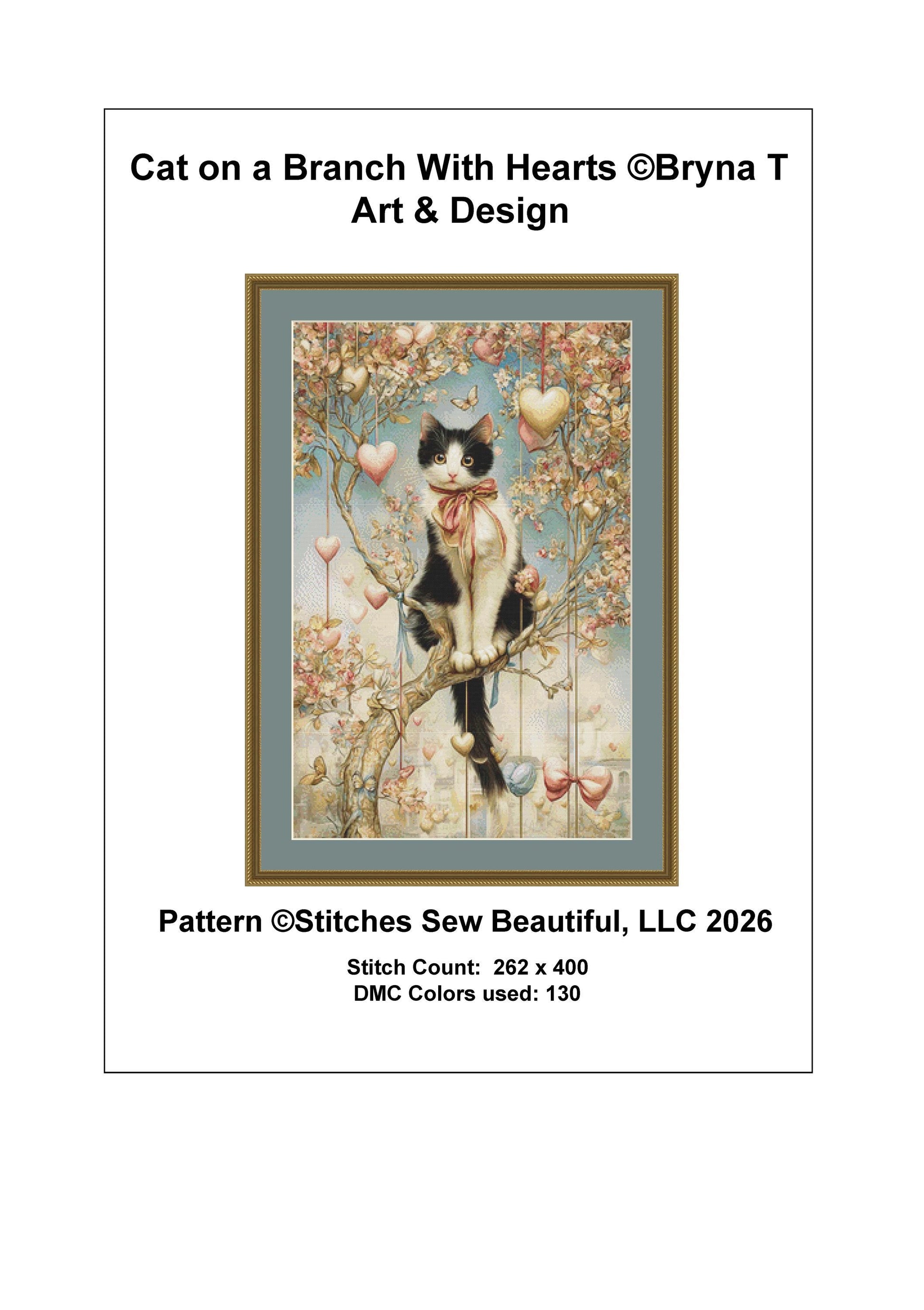 Cat on a Branch with Hearts counted cross stitch pattern by Bryna T. Art & Design