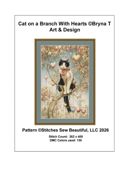 Cat on a Branch with Hearts counted cross stitch pattern by Bryna T. Art & Design