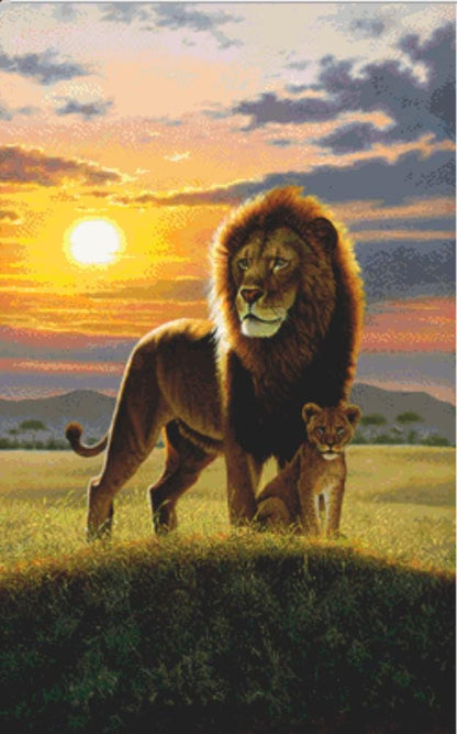 Sunset Lion & Cub counted cross stitch pattern by Chris Hiett, Licensed by MGL, www.mglart.com (Digital Format)