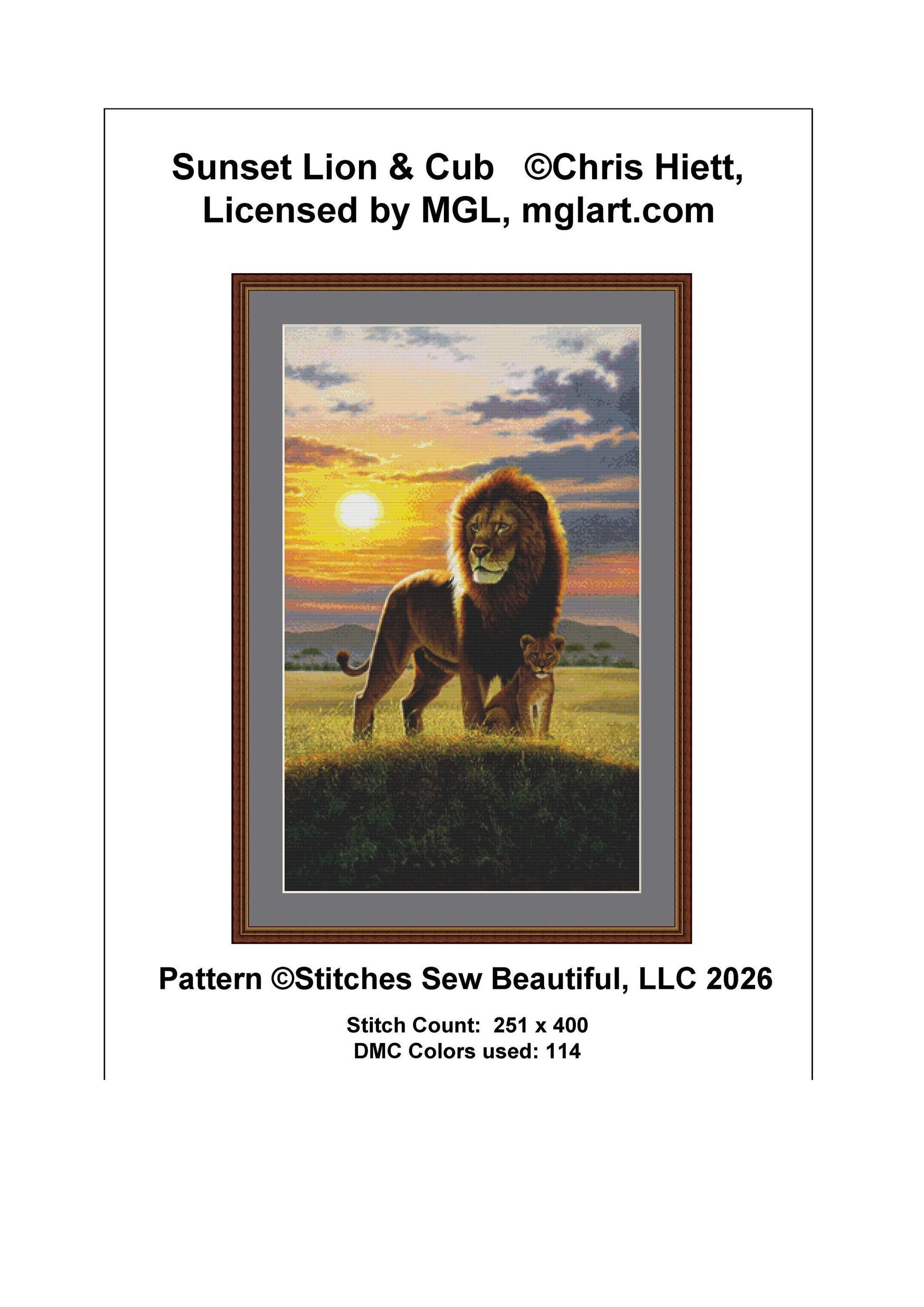 Sunset Lion & Cub counted cross stitch pattern by Chris Hiett, Licensed by MGL, www.mglart.com (Digital Format)