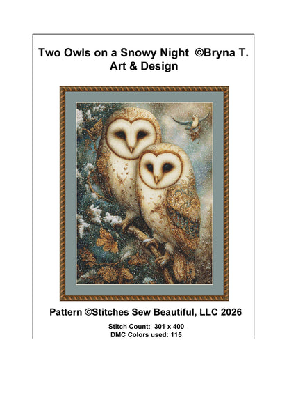 Two Owls on a Snowy Night counted cross stitch pattern by Bryna T. Art & Design (Digital Format)