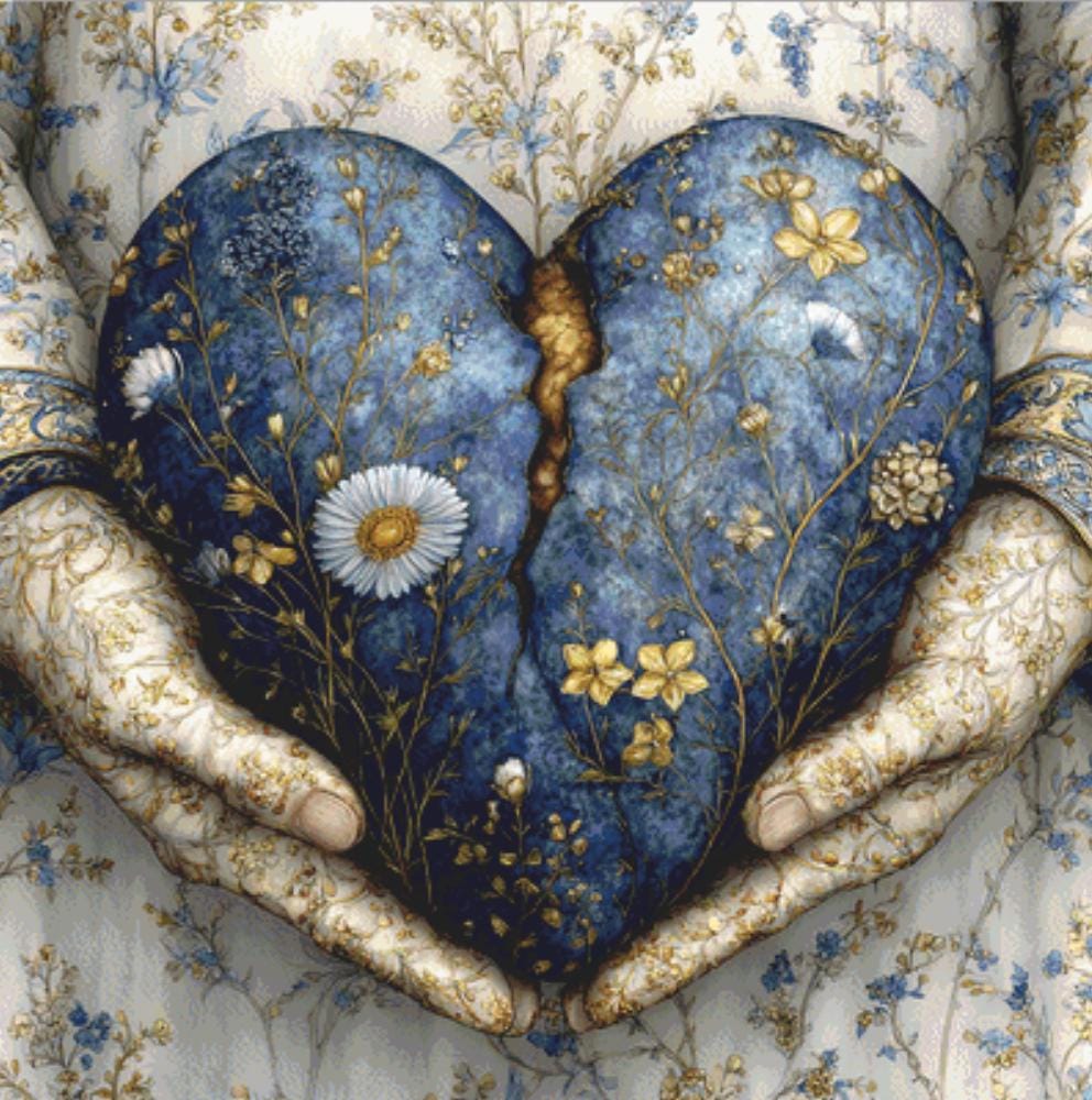 Broken Heart in Hands counted cross stitch pattern by Bryna T. Art & Design (Digital Format)