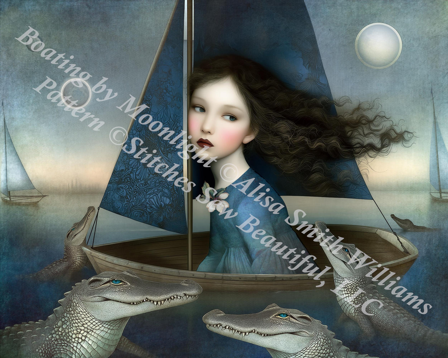 Boating by Moonlight counted cross stitch pattern by Alisa Smith Williams (Digital Format)