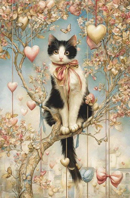 Cat on a Branch With Hearts (Max Size/Color) counted cross stitch pattern by Bryna T Art & Design (Digital Format)