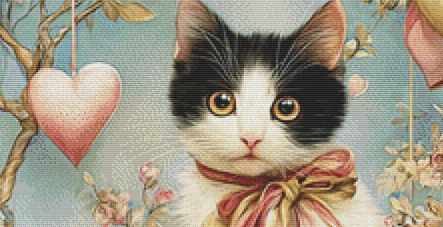 Cat on a Branch With Hearts (Max Size/Color) counted cross stitch pattern by Bryna T Art & Design (Digital Format)