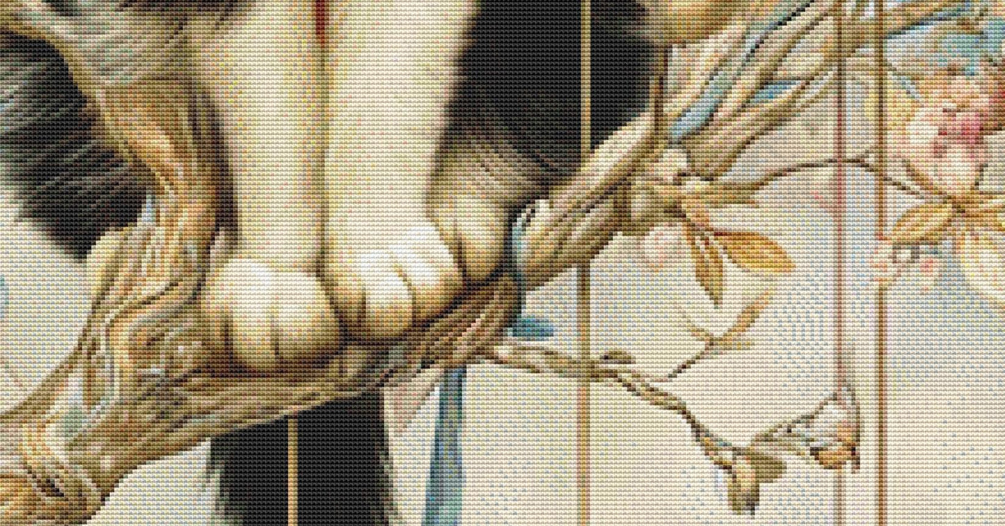 Cat on a Branch With Hearts (Max Size/Color) counted cross stitch pattern by Bryna T Art & Design (Digital Format)