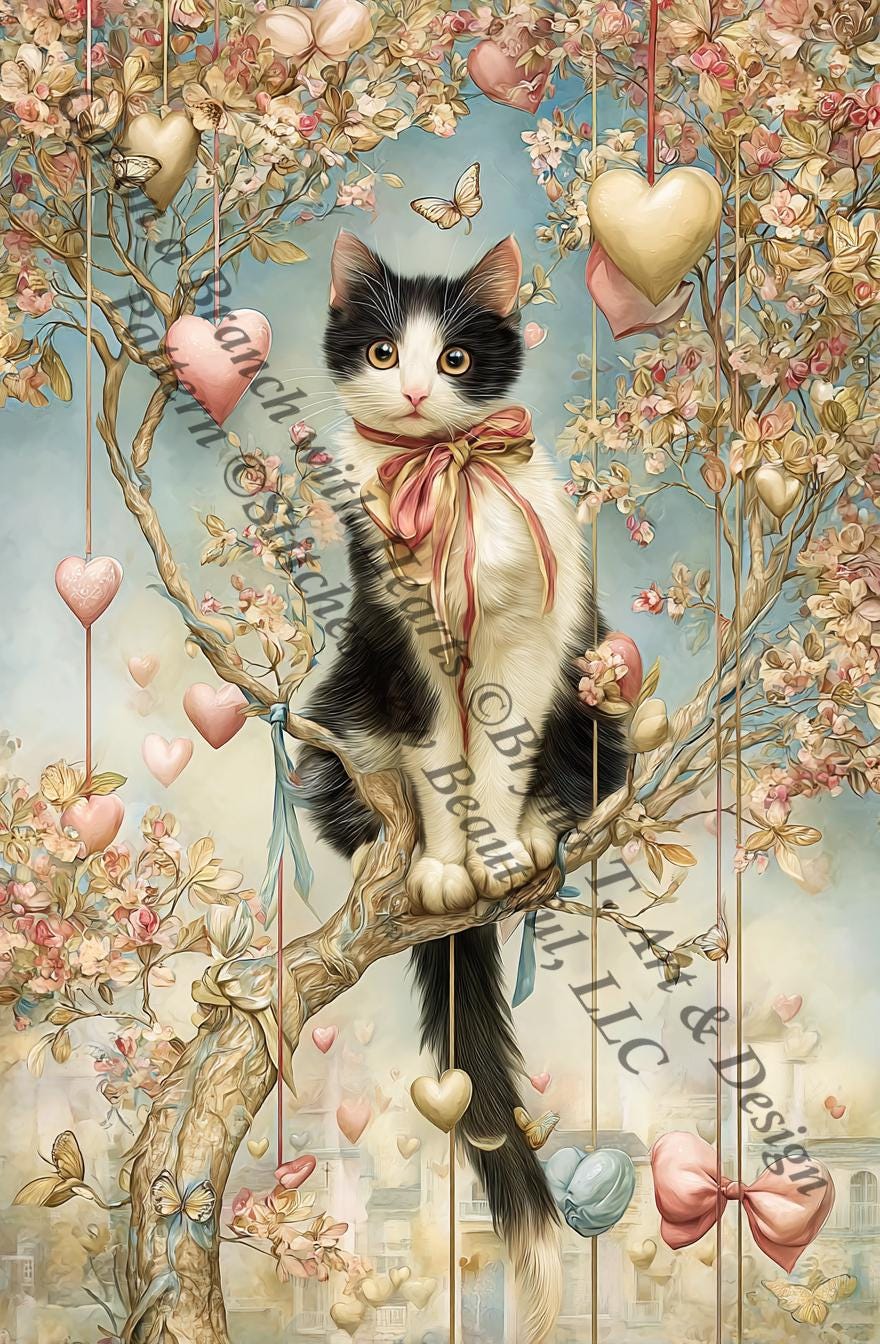 Cat on a Branch With Hearts (Max Size/Color) counted cross stitch pattern by Bryna T Art & Design (Digital Format)