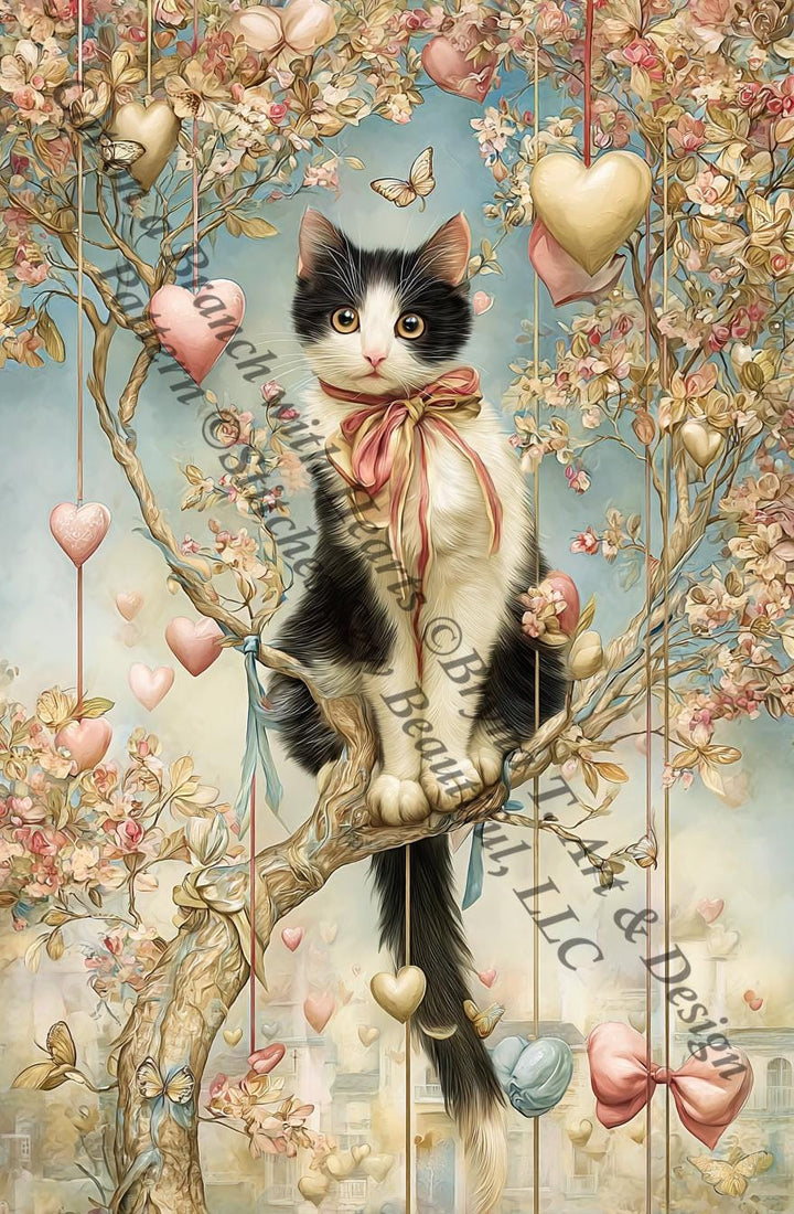 Cat on a Branch With Hearts (Max Size/Color) counted cross stitch pattern by Bryna T Art & Design (Digital Format)