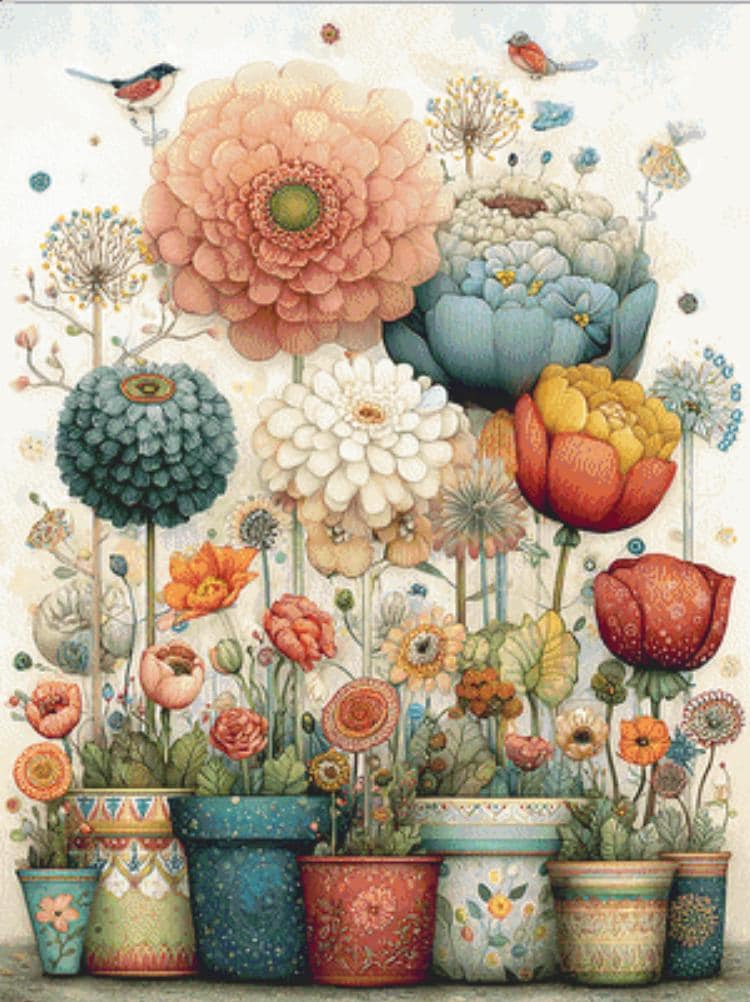 Vibrant Flower Pots 3 counted cross stitch pattern by Bryna T Art & Design (Digital Format)