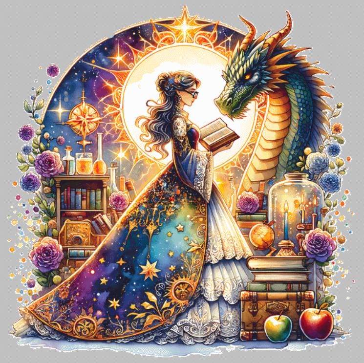 Teacher and Dragon (Max Size/Color) counted cross stitch pattern by Coastal Bliss Studios (Digital Format)