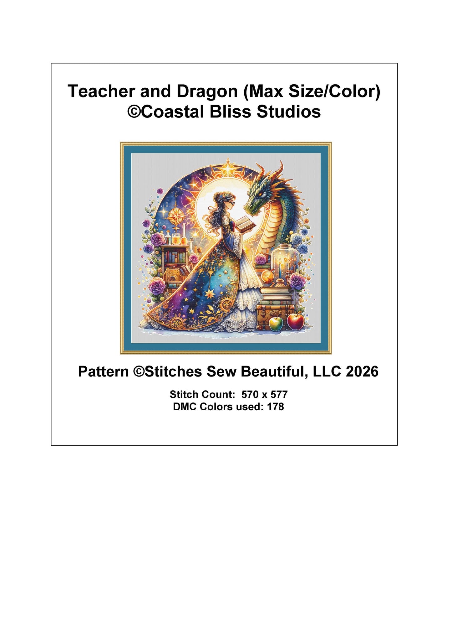 Teacher and Dragon (Max Size/Color) counted cross stitch pattern by Coastal Bliss Studios (Digital Format)