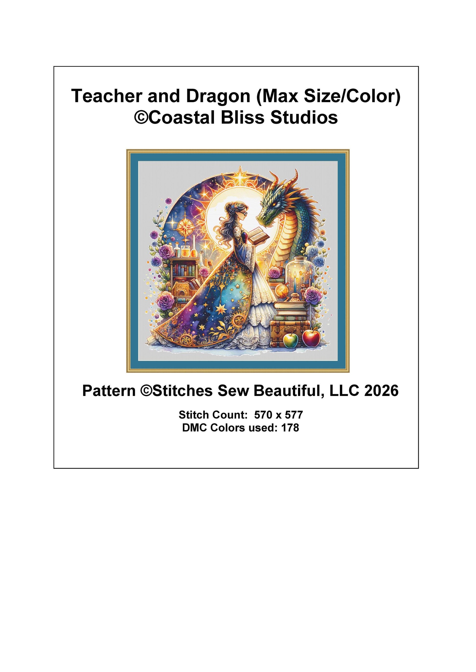 Teacher and Dragon (Max Size/Color) counted cross stitch pattern by Coastal Bliss Studios (Digital Format)