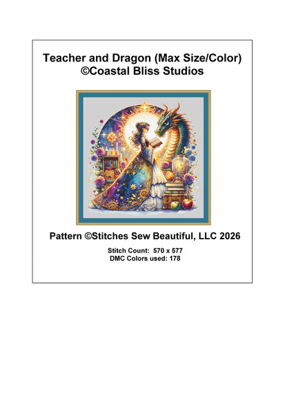 Teacher and Dragon (Max Size/Color) counted cross stitch pattern by Coastal Bliss Studios (Digital Format)