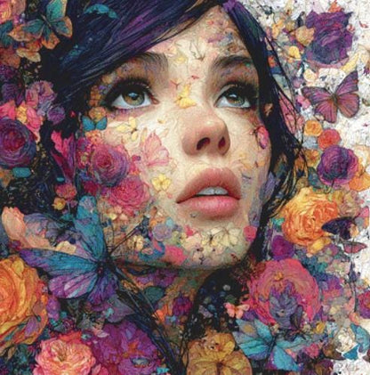 Woman, Butterflies, Roses 4 counted cross stitch pattern by Bryna T. Art & Design (Digital Format)