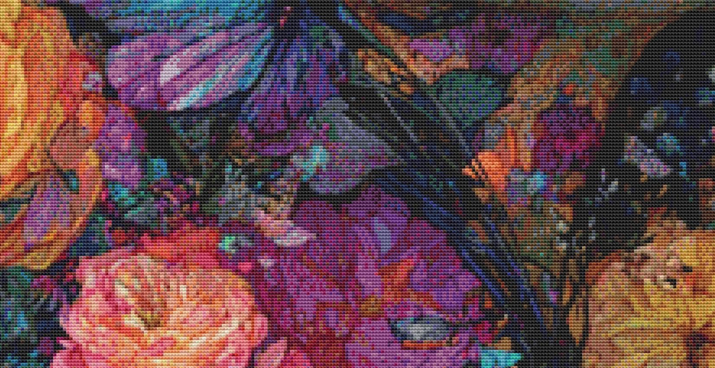 Woman, Butterflies, Roses 4 counted cross stitch pattern by Bryna T. Art & Design (Digital Format)