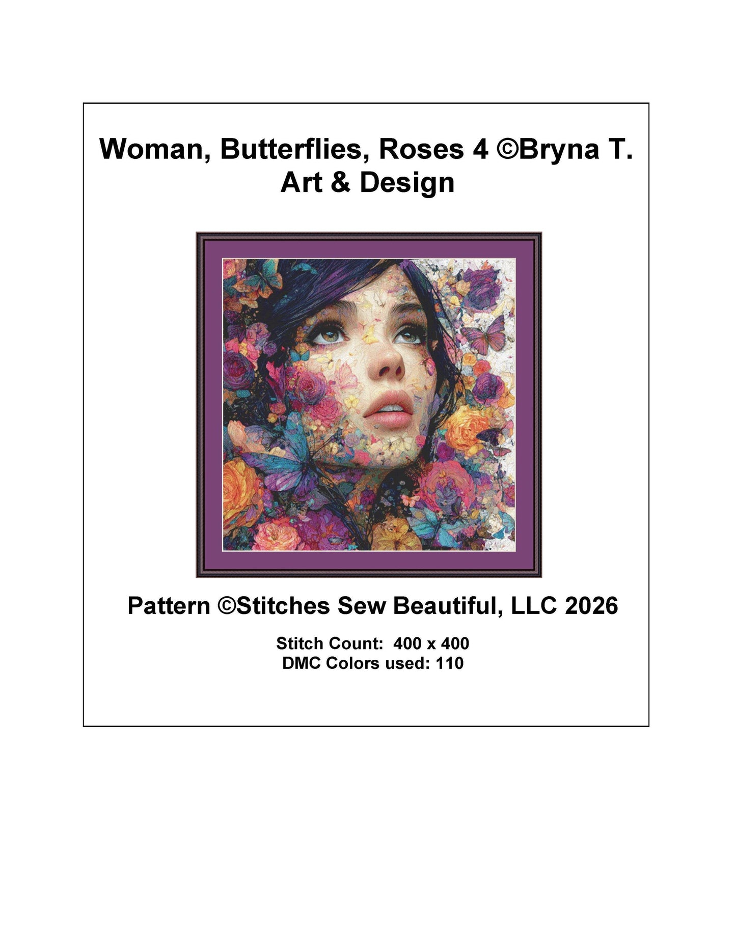 Woman, Butterflies, Roses 4 counted cross stitch pattern by Bryna T. Art & Design (Digital Format)