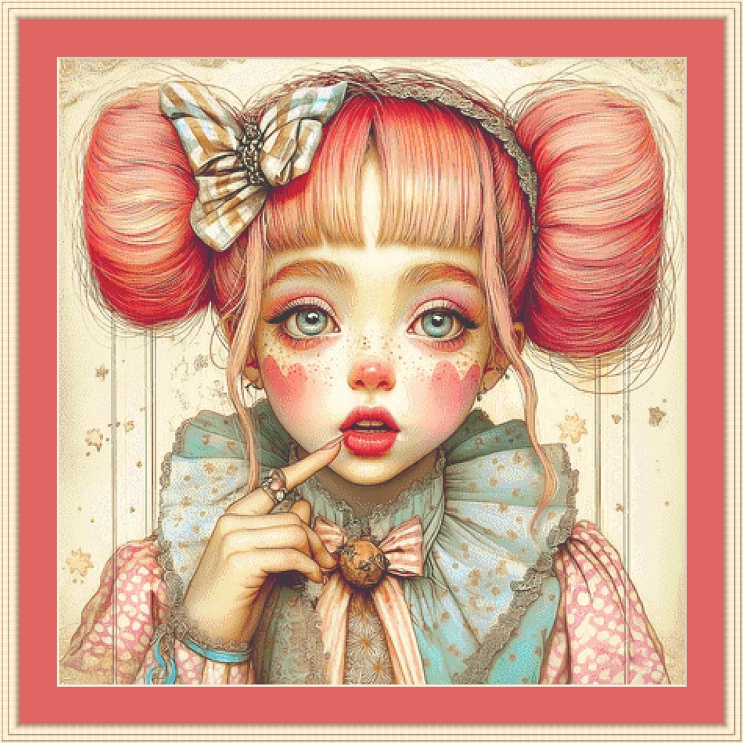 Clown Girl Hearts on Face counted cross stitch pattern by Bryna T Art & Design (Digital Format)