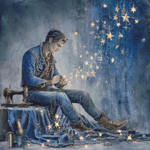 Stitching Denim Dreams counted cross stitch pattern by Bryna T Art & Design (Digital Format)