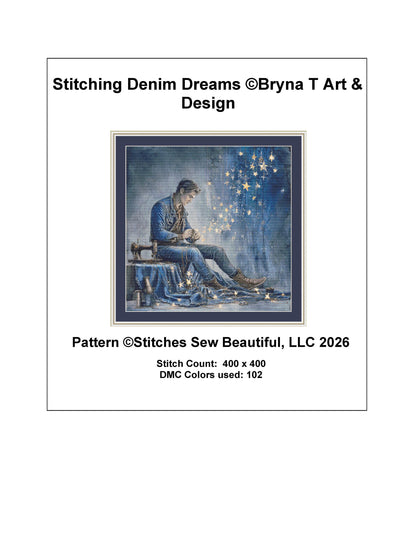 Stitching Denim Dreams counted cross stitch pattern by Bryna T Art & Design (Digital Format)