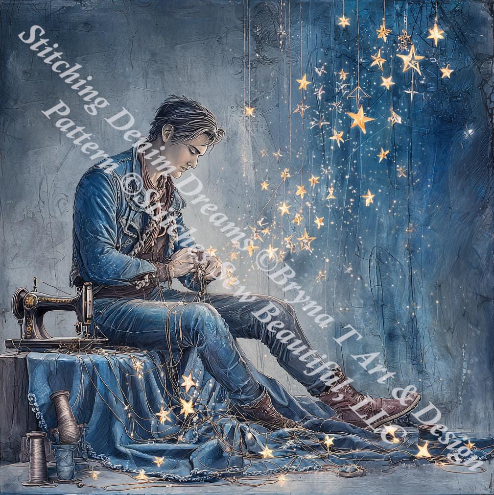 Stitching Denim Dreams counted cross stitch pattern by Bryna T Art & Design (Digital Format)