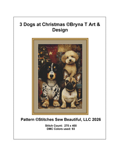 3 Dogs at Christmas counted cross stitch pattern by Bryna T Art & Design (Digital Format)