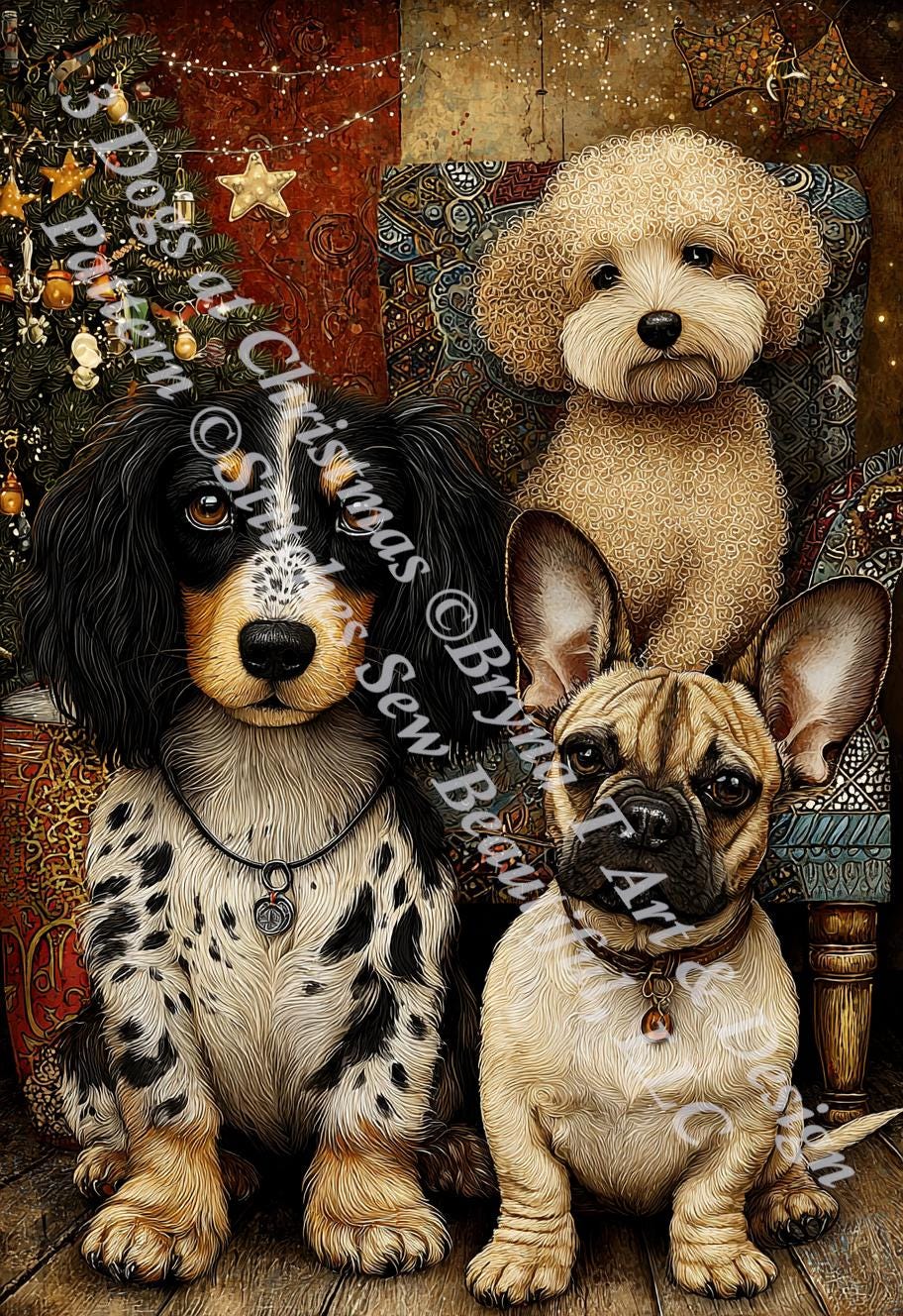 3 Dogs at Christmas counted cross stitch pattern by Bryna T Art & Design (Digital Format)