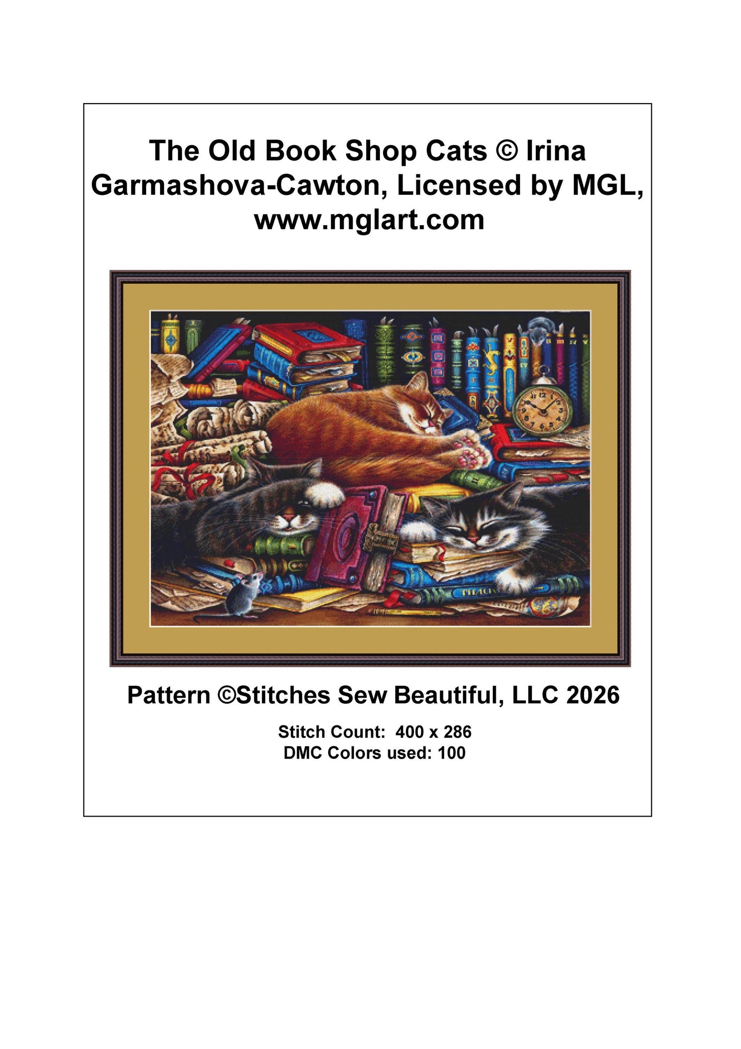 The Old Book Shop Cats counted cross stitch pattern by Irina Garmashova-Cawton, Licensed by MGL, www.mglart.com (Digital Format)