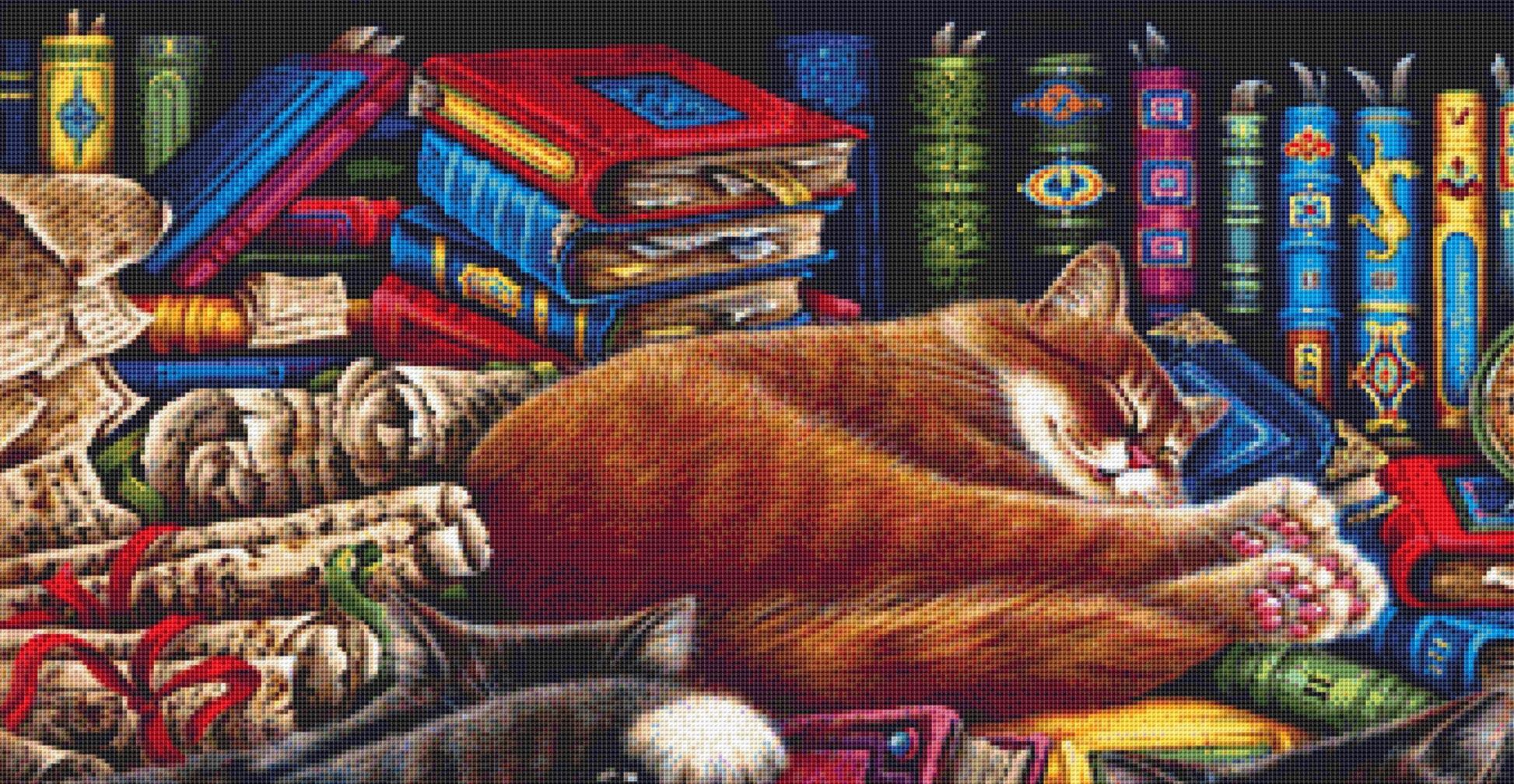The Old Book Shop Cats counted cross stitch pattern by Irina Garmashova-Cawton, Licensed by MGL, www.mglart.com (Digital Format)