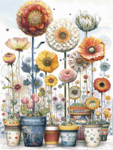 Vibrant Flower Pots 1 counted cross stitch pattern by Bryna T. Art & Design (Digital Format)