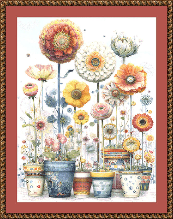 Vibrant Flower Pots 1 counted cross stitch pattern by Bryna T. Art & Design (Digital Format)