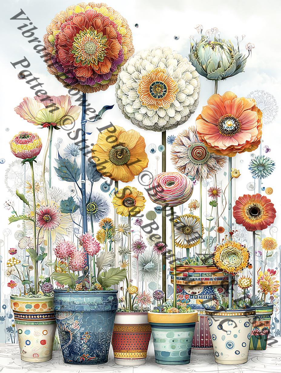 Vibrant Flower Pots 1 counted cross stitch pattern by Bryna T. Art & Design (Digital Format)