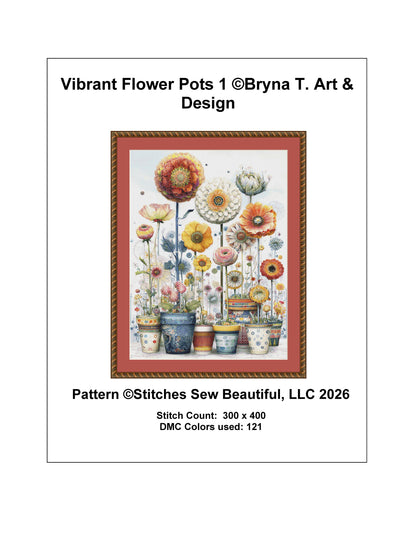 Vibrant Flower Pots 1 counted cross stitch pattern by Bryna T. Art & Design (Digital Format)