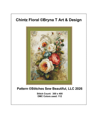 Chintz Floral counted cross stitch pattern by Bryna T Art & Design (Digital Format)