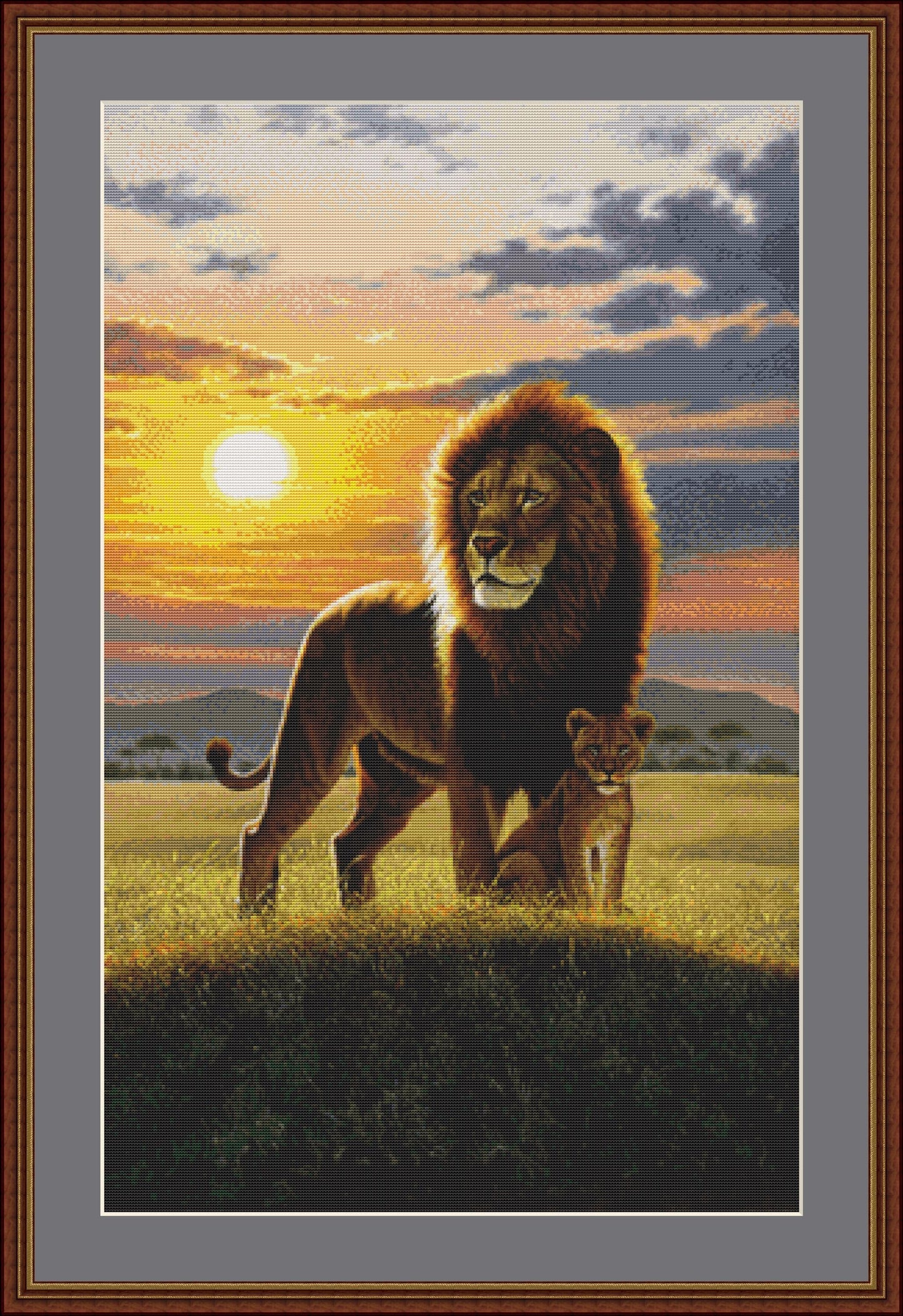 Sunset Lion & Cub counted cross stitch pattern by Chris Hiett, Licensed by MGL, www.mglart.com (Digital Format)
