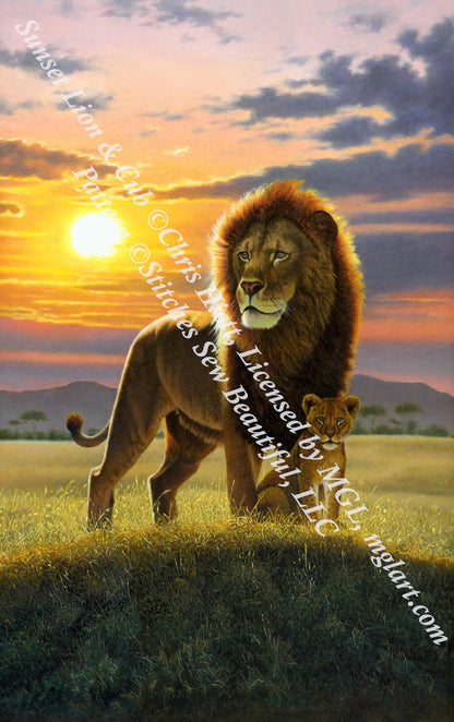 Sunset Lion & Cub counted cross stitch pattern by Chris Hiett, Licensed by MGL, www.mglart.com (Digital Format)