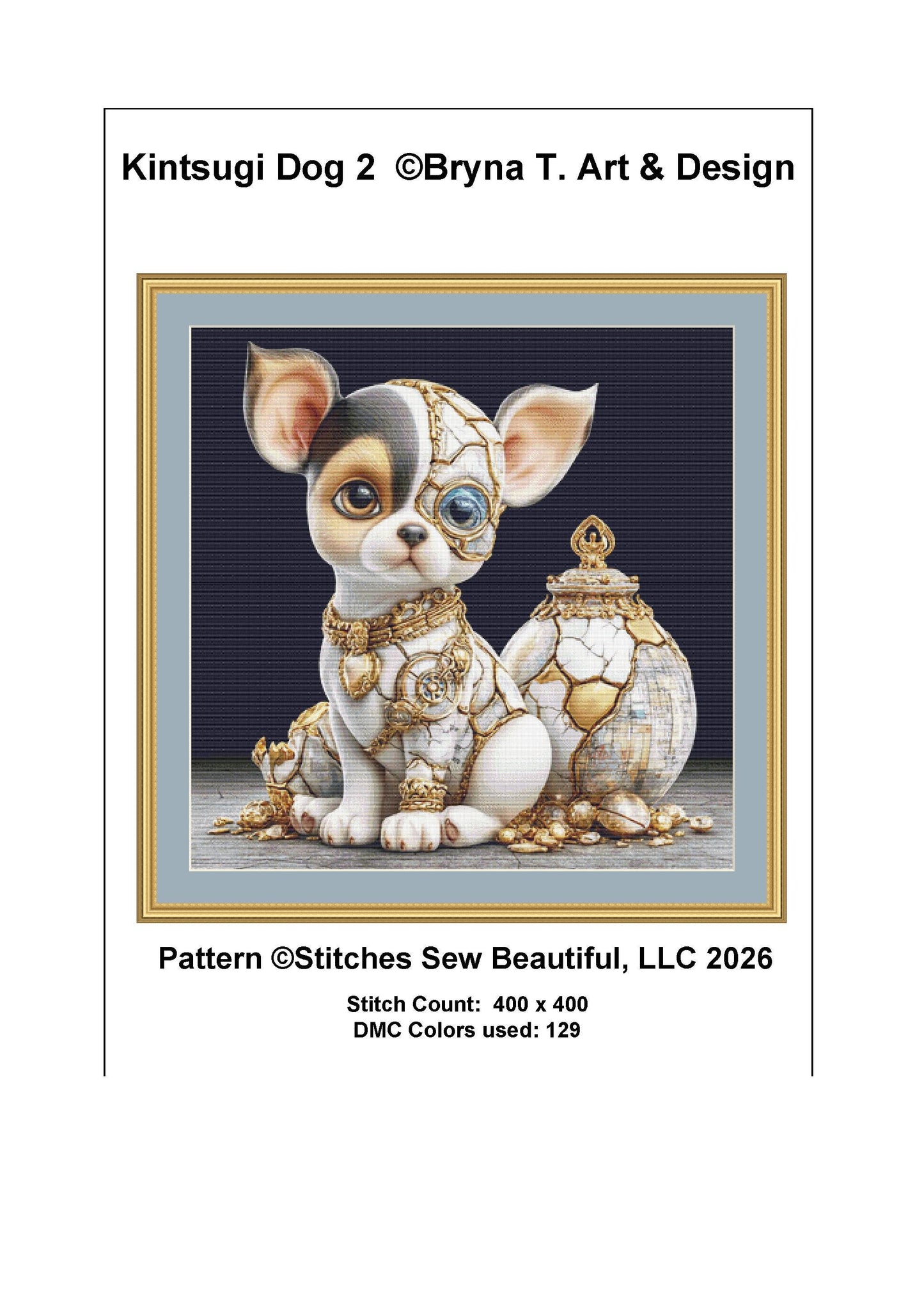 Kintsugi Dog 2 counted cross stitch pattern by Bryna T. Art & Design (Digital Format)