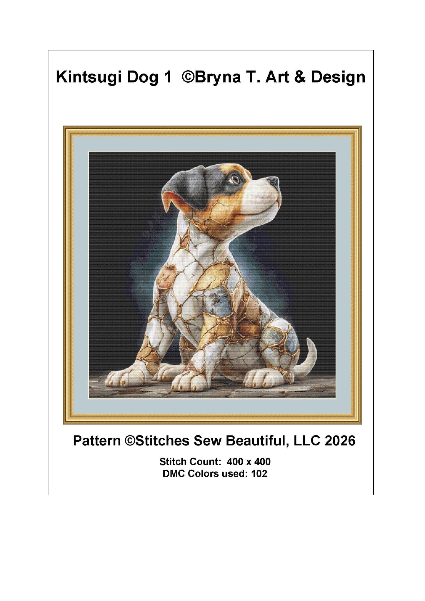 Kintsugi Dog 1 counted cross stitch pattern by Bryna T. Art & Design (Digital Format)