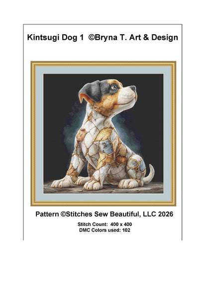 Kintsugi Dog 1 counted cross stitch pattern by Bryna T. Art & Design (Digital Format)