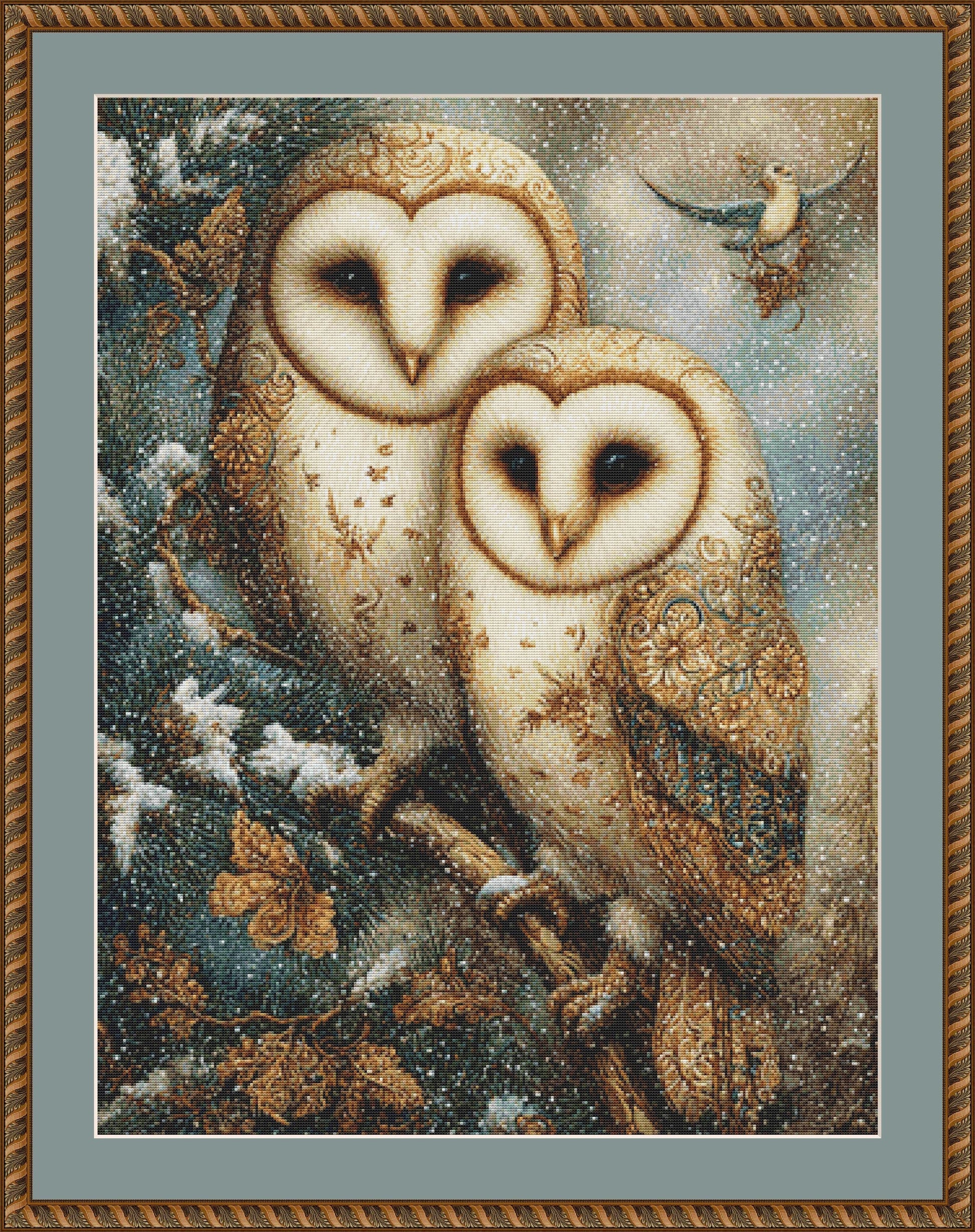 Two Owls on a Snowy Night counted cross stitch pattern by Bryna T. Art & Design (Digital Format)