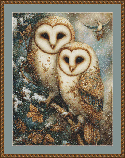 Two Owls on a Snowy Night counted cross stitch pattern by Bryna T. Art & Design (Digital Format)