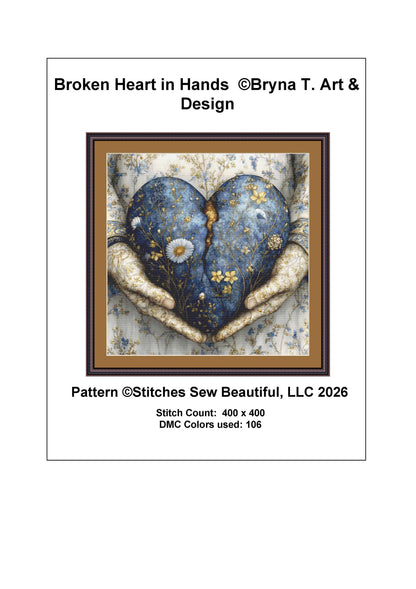 Broken Heart in Hands counted cross stitch pattern by Bryna T. Art & Design (Digital Format)