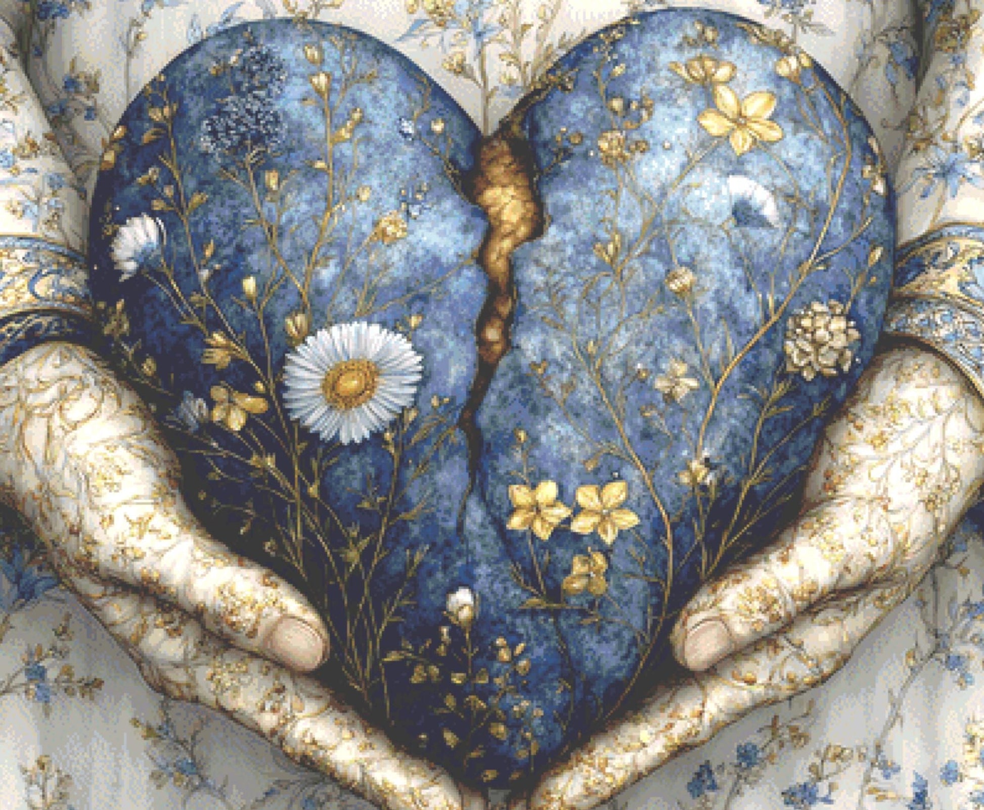 Broken Heart in Hands counted cross stitch pattern by Bryna T. Art & Design (Digital Format)