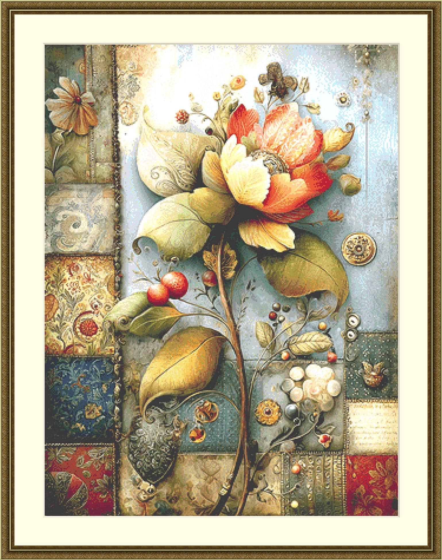 Floral and Quilt counted cross stitch pattern by Bryna T Art & Design (Digital Format)
