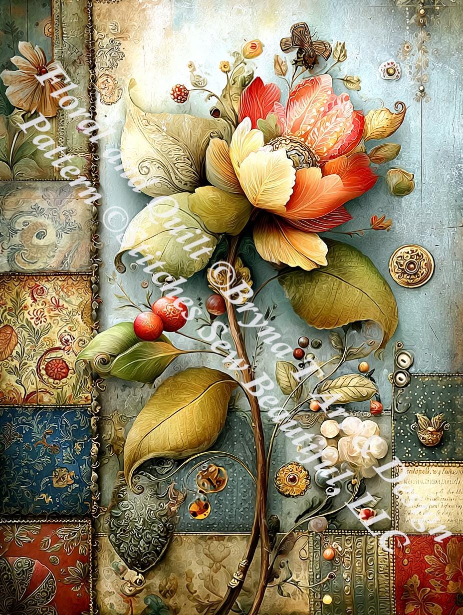 Floral and Quilt counted cross stitch pattern by Bryna T Art & Design (Digital Format)
