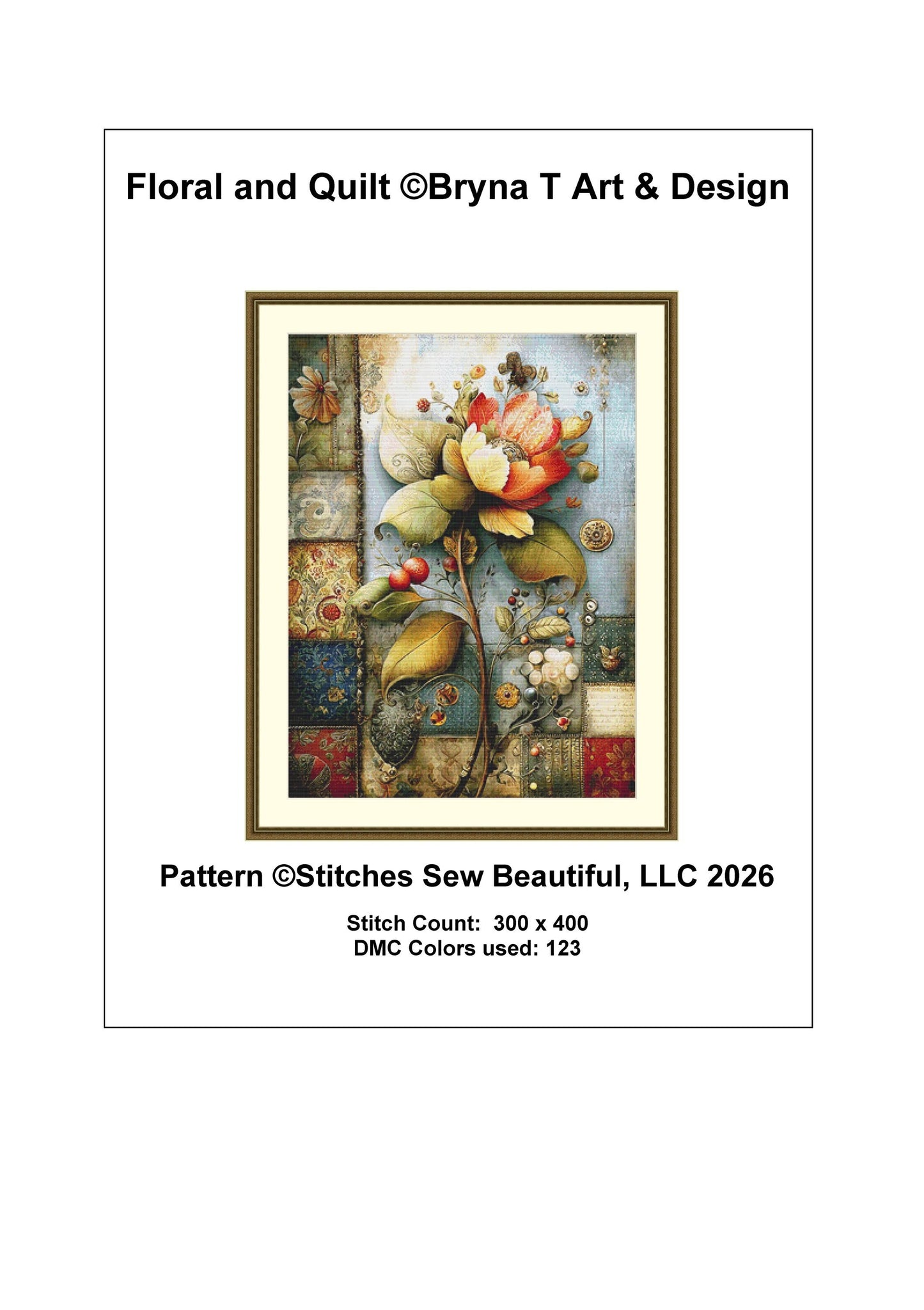 Floral and Quilt counted cross stitch pattern by Bryna T Art & Design (Digital Format)