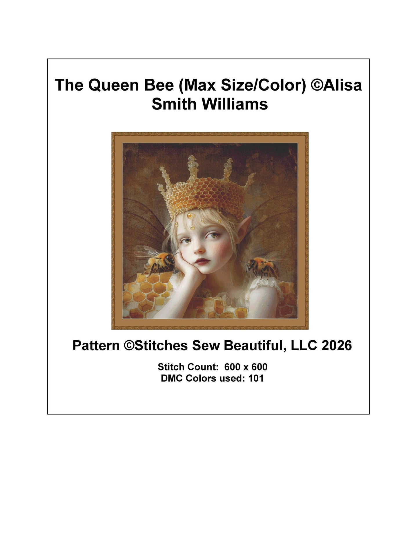 The Queen Bee (Max Size/Color) counted cross stitch pattern by Alisa Smith Willliams (Digital Format)