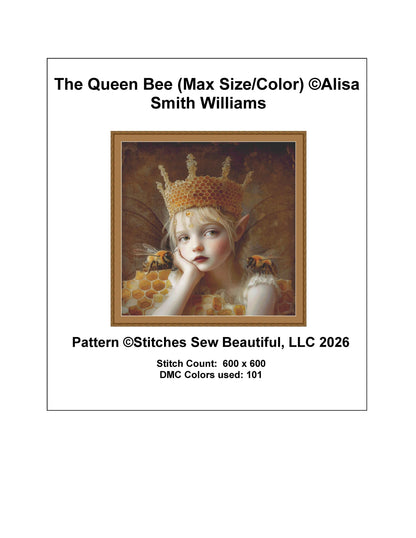 The Queen Bee (Max Size/Color) counted cross stitch pattern by Alisa Smith Willliams (Digital Format)